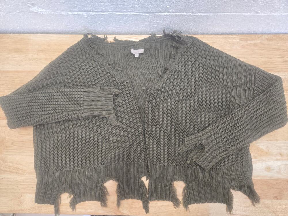 Wonderly Womens Medium Olive Green Distressed V Neck Open Front Sweater Cardigan